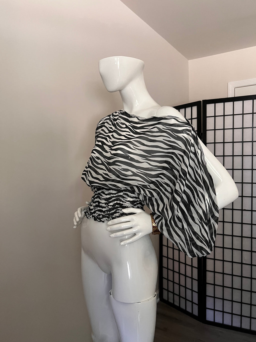 Zebra Animal Print Batwing Sleeve Top with Shirred Waist
