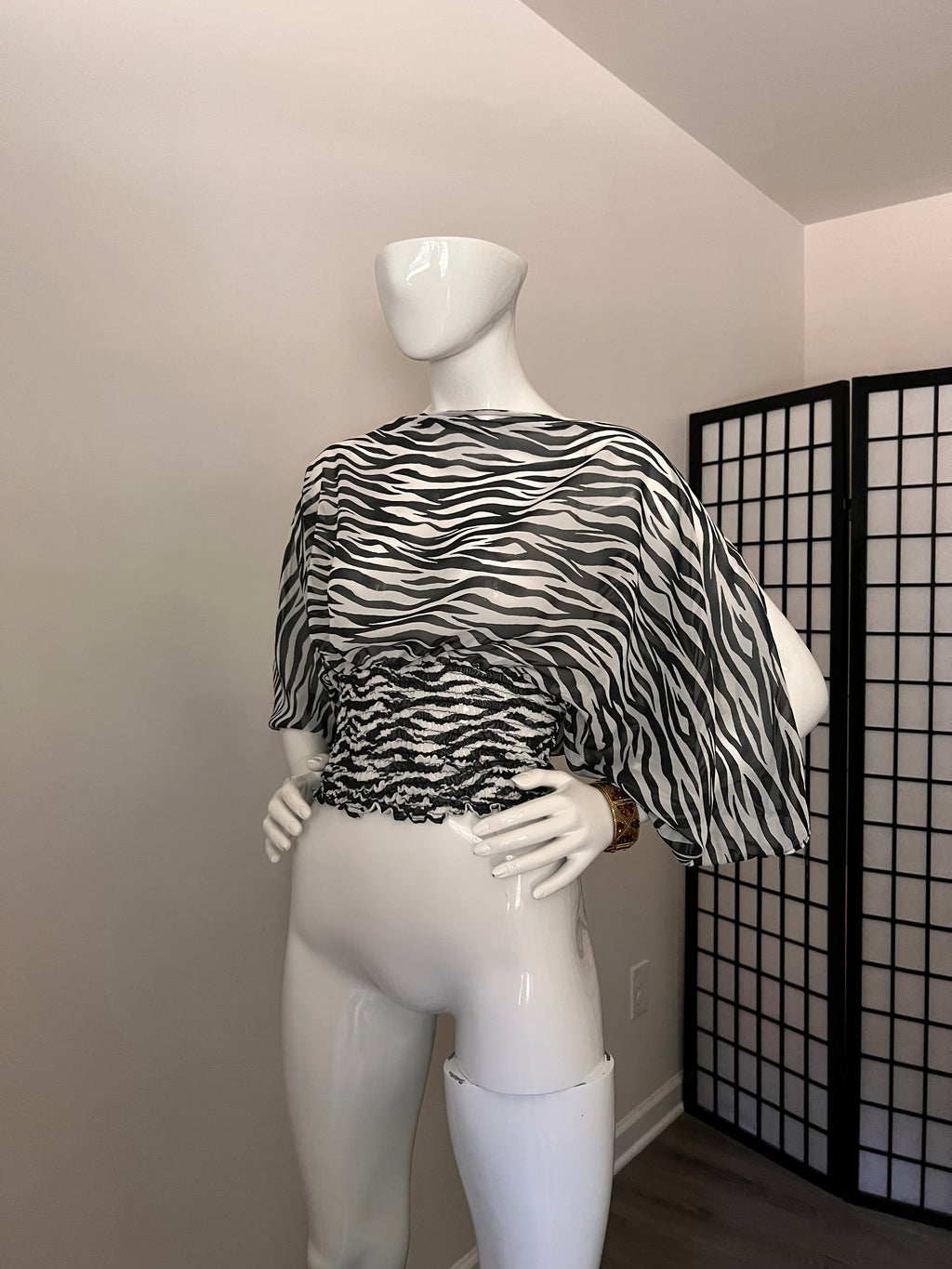 Zebra Animal Print Batwing Sleeve Top with Shirred Waist